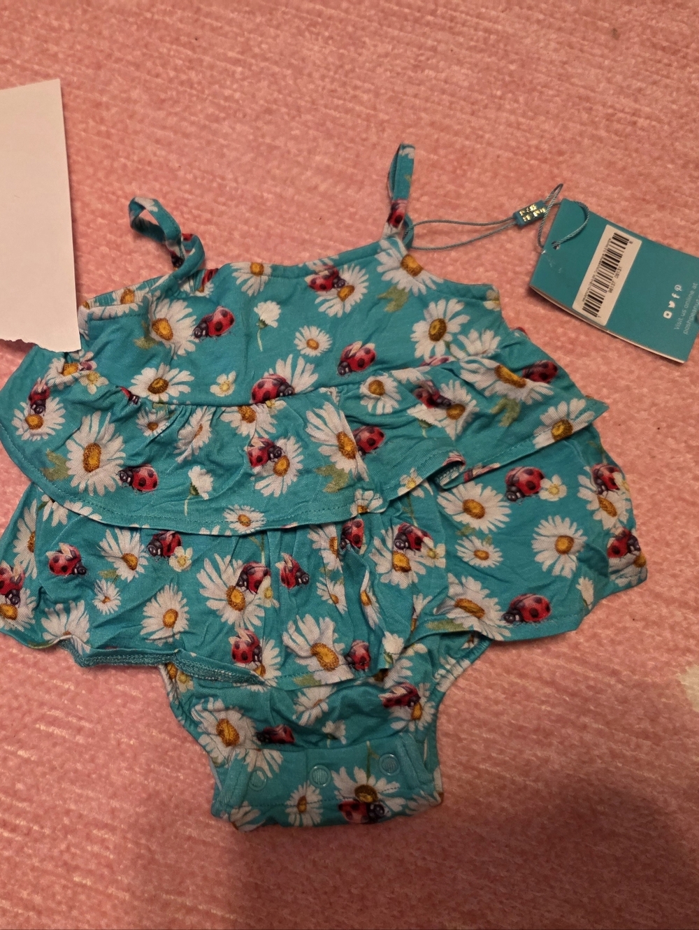 Posh Peanut Turquoise Daisy & Ladybug Ruffle Baby Romper